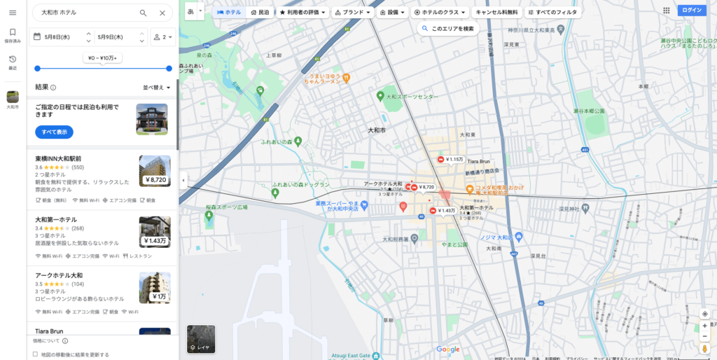 Googleマップ上の大和市のホテル